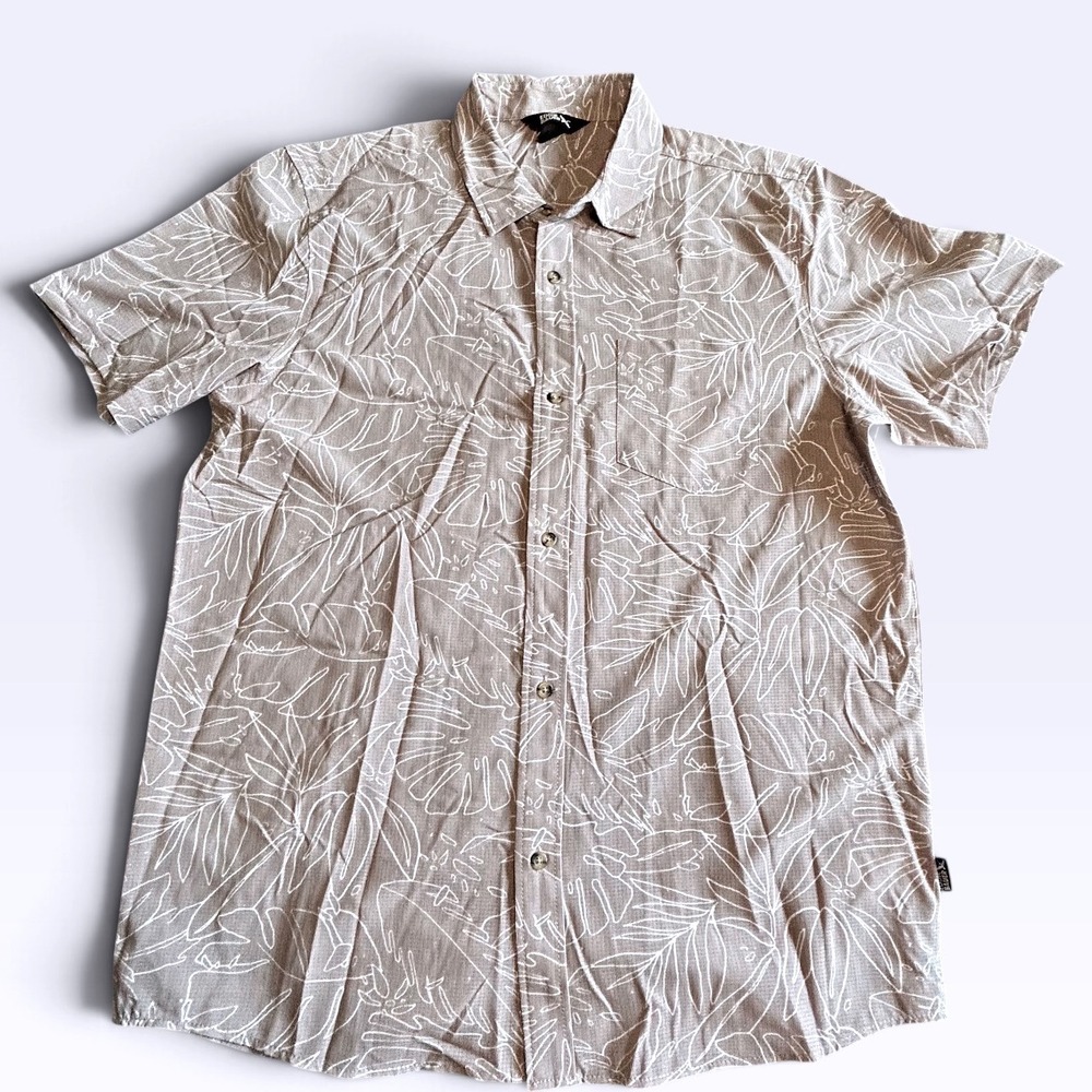 Eddie Bauer Men M Perforated Short Sleeve Button Front Shirt Brown Tropical Leaf